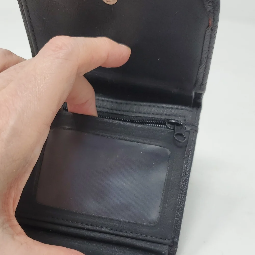 Black Leather Tri-fold Wallet With Cross Embrossed On Front